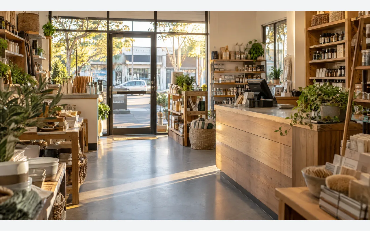 Illustrated shop interior with a customer entrance and payment counter