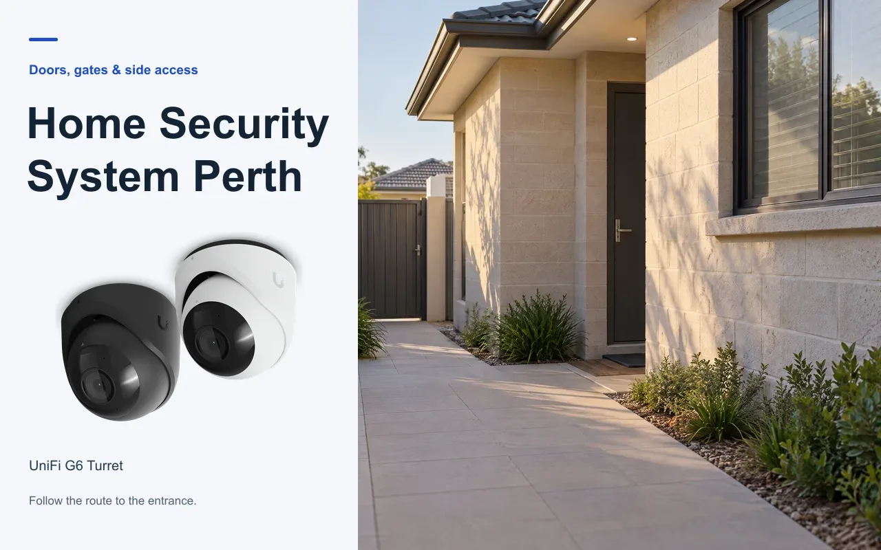Home Security System Perth guide with G6 Turret product imagery and a concept side entrance
