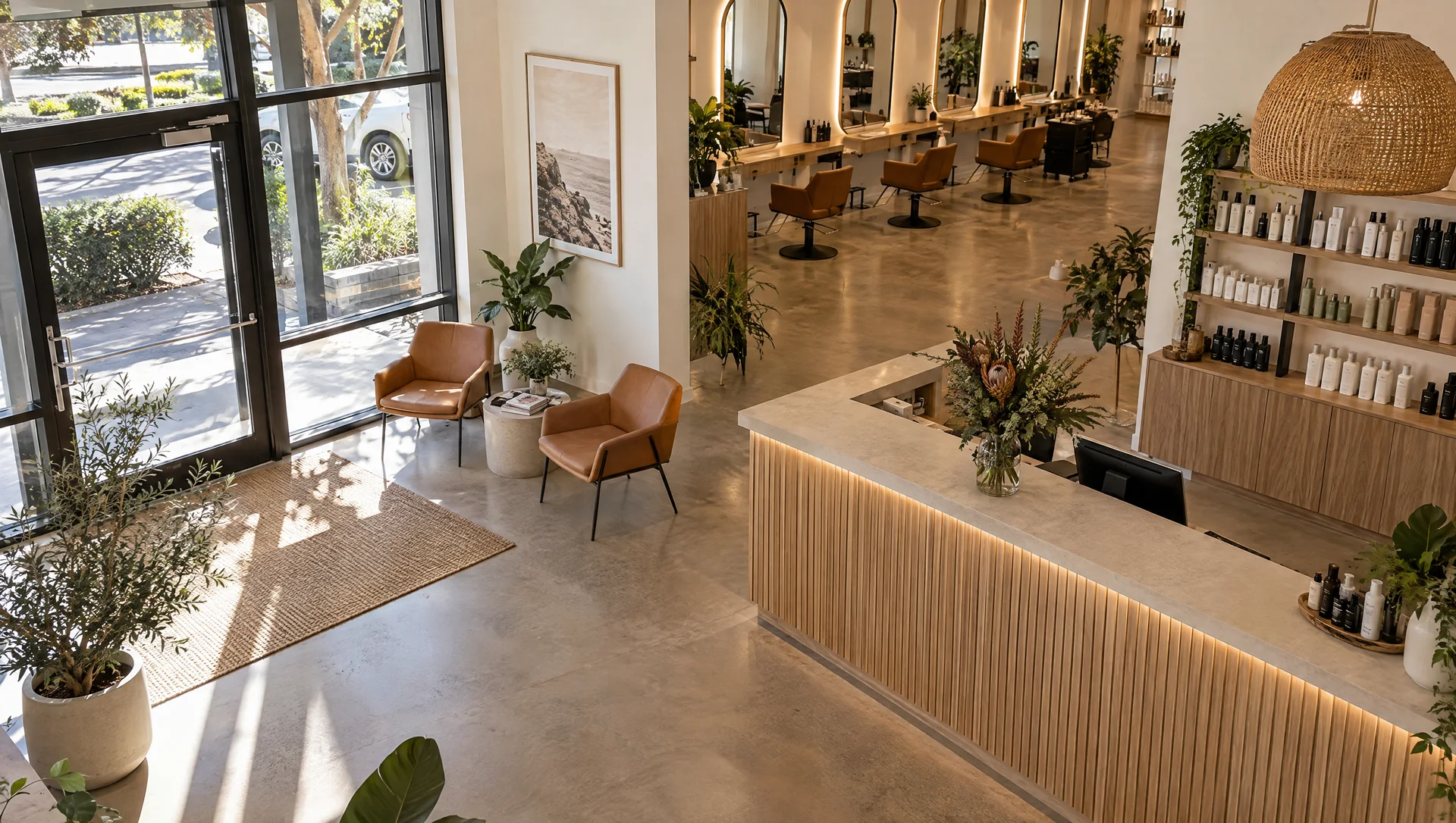 Illustrated salon reception showing the entrance, waiting area and counter